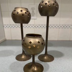 3 Medieval Halloween Goth Candle Incense Holder ~ Quatrefoil Design India Brass